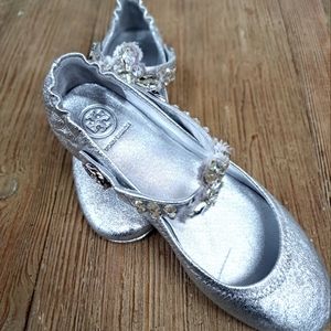 Tory burch Minnie embellished two way ballet smooth metalic flat shoes